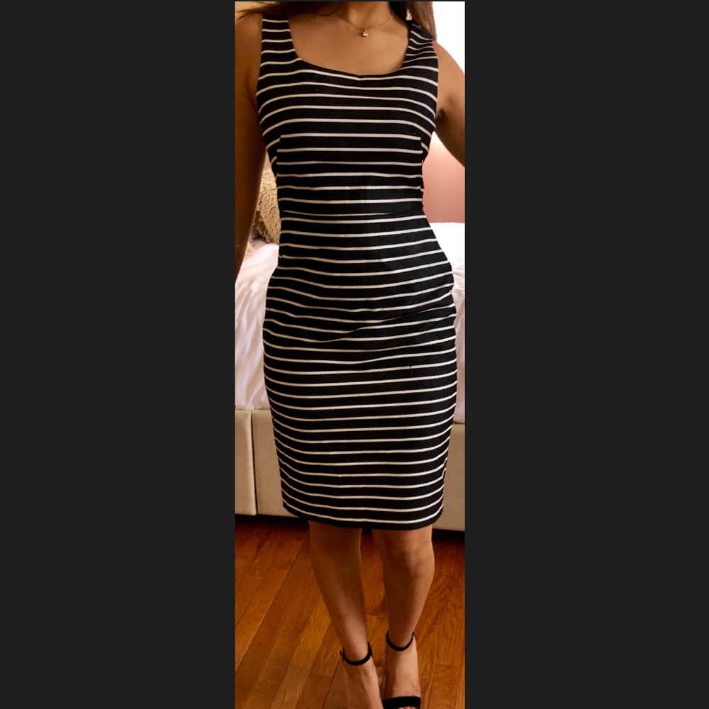 The limited gray and white striped fitted dress